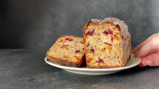 Fruit bread mixed dried fruit fruit cake healthy food tasty snack fresh, delicious, gourmet food background rustic food on a table top view copy space