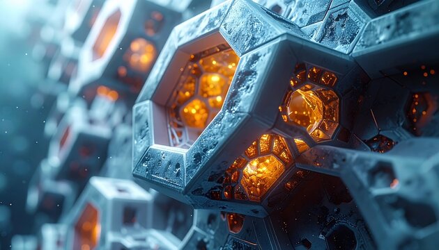 Intricate futuristic geometric structure with glowing orange energy core, representing advanced technology and complex systems in a detailed render.
