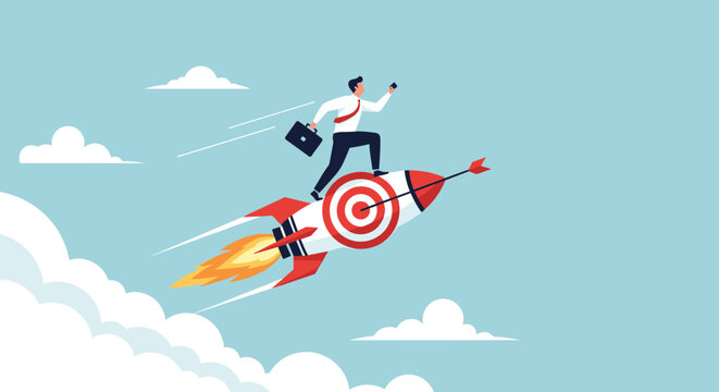 Brave corporate leader riding a rocket with a bullseye target through the clouds representing fast career growth and hitting business targets.