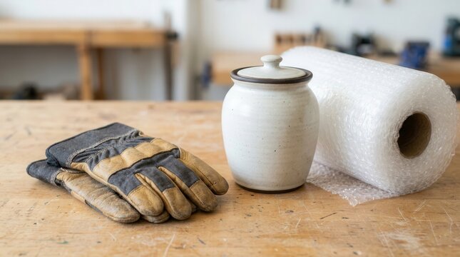 Cremation urn selection with protective gloves and bubble wrap on wooden table. Items include durable gloves for handling and packaging urn, designed for safe and respectful cremation choices.