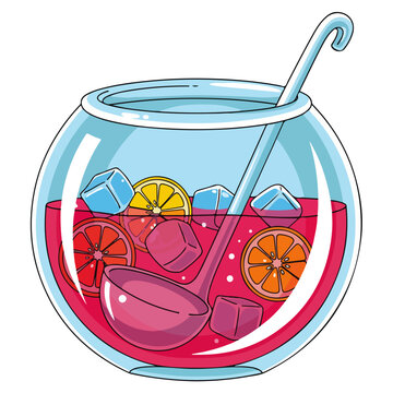 Fishbowl Fruit Punch Cocktail Flat Vector Illustration
