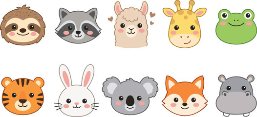 Fototapeta premium Cute Animal Faces Icon Set with Sloth, Raccoon, Llama, Giraffe, Frog, Tiger, Rabbit, Koala, Fox, and Hippo for Kids and Cartoon Illustrations