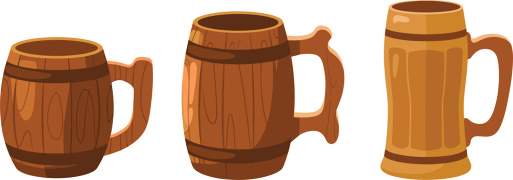 Set of rustic wooden beer mugs and barrel shaped cups with handles for tavern or pub beverage vector illustrations isolated on white background.