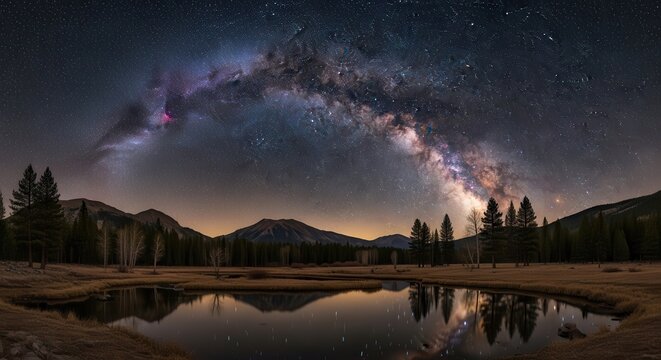 A serene landscape of a lake reflecting the Milky Way in the night sky with mountains and trees in t