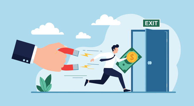 Large corporate business hand with a magnet attempting to pull back a man who is running away with a handful of money.