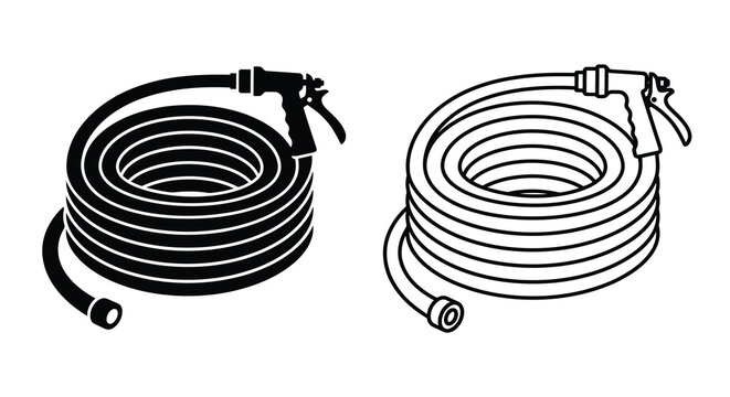 Coiled garden hose with spray nozzle black and white silhouette