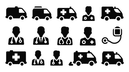 Set of 15 Black Medical Ambulance and Doctor Silhouettes Vector Icons © MdKarvin