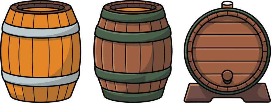 Set of wooden barrels for aging whiskey and wine in three different perspectives, rustic beer keg vector illustrations isolated on a white background.