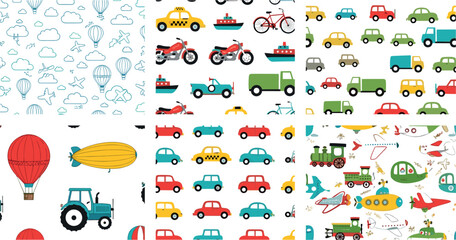 Colorful Transportation Patterns Featuring Cars, Bikes, Trains, Balloons, and Airplanes for Kid's Decor and Illustration Designs © MdNazmul