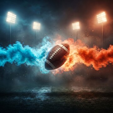 American football ball flying through colorful smoke on stadium field at night under bright lights