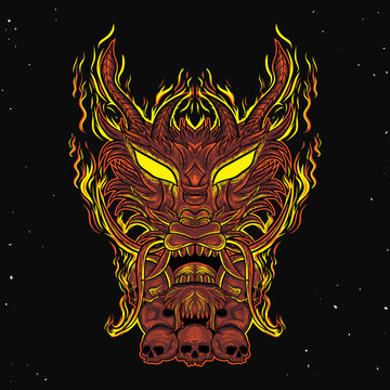 Fiery Demon Mask with Skulls Vector Illustration in Neon Flame Style