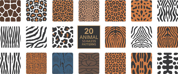 Wild safari animal seamless pattern set leopard cheetah tiger giraffe zebra snake texture vector © Rashed