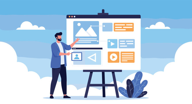 Creative professional presenting digital interface design and web layout concepts on large display against blue sky background.