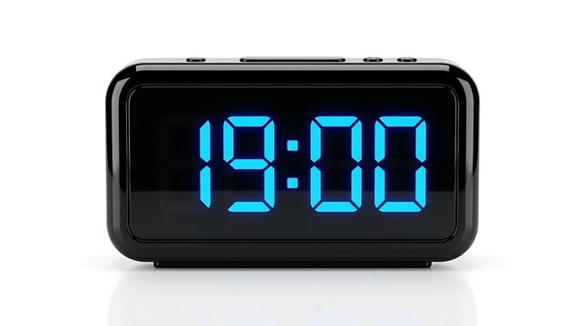 Modern digital clock displaying 19:00 in blue LED lights on a clean white background, perfect for timekeeping and scheduling concepts
