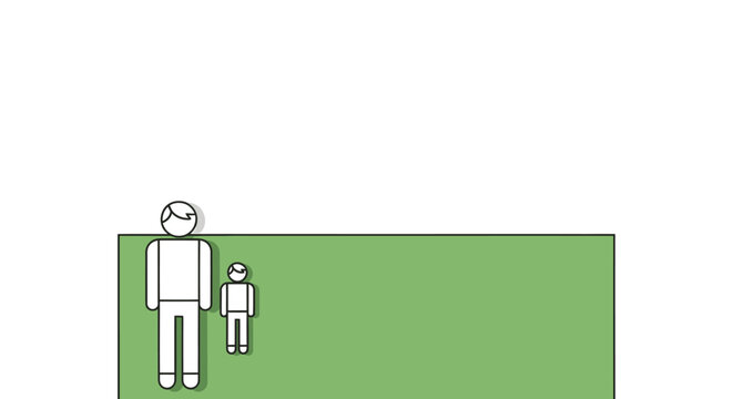 Comparison of adult and child height or size represented by simple white icons on a green background.