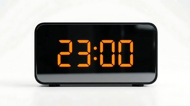 Digital Alarm Clock Displaying 23:00 With Orange LED Numbers On A White Background