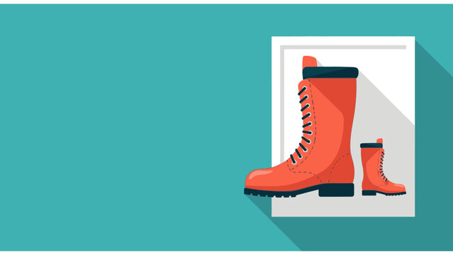 Pair of bright orange work boots, one large and one small, displayed on a white shelf with a blue background and long shadow