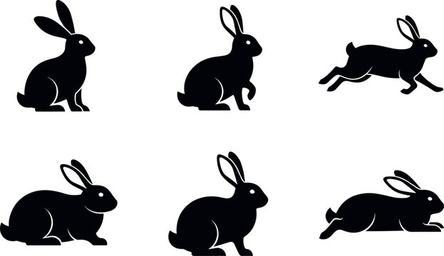 Black Rabbit Silhouettes Set with Various Poses Including Sitting, Hopping, and Running for Wildlife and Animal Illustrations