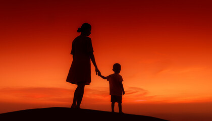 Fototapeta premium Silhouette of mother and child holding hands at sunset with vibrant orange sky