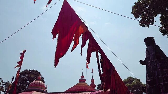 Flags fly high on the Sasan Kathi during Maharashtra's Yerad Yatra. Devotees hold guide ropes to balance the sacred pole under the bright Chaitra sun, celebrating the historic festival of Lord Yedoba.