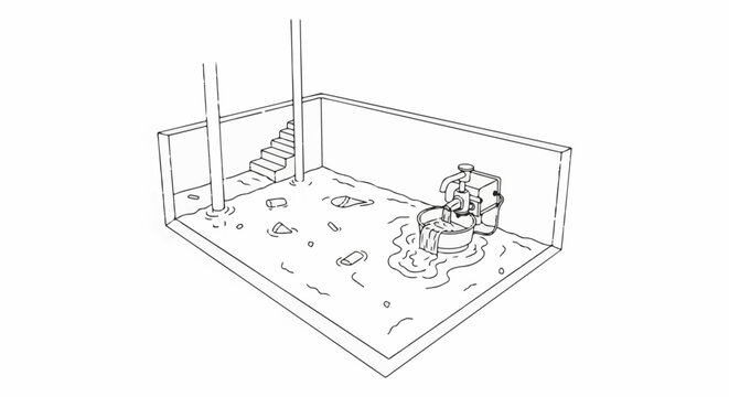 Simple sketch shows a water pump in a pool with debris, stairs, and pillars