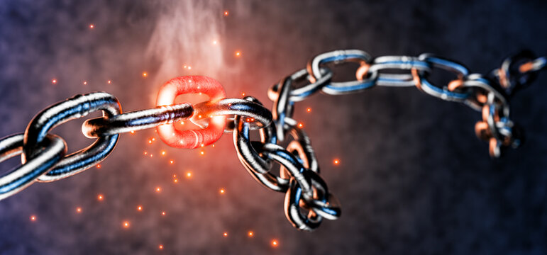 Freedom from mental limitations. A broken steel chain, spitting sparks, symbolizes freedom and inner strength. Desire for freedom and unbridled power. Freedom and the end of restrictions. 3D render.