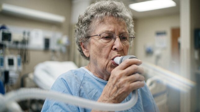 Elderly woman using a spirometer in a hospital setting