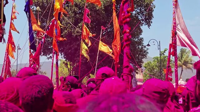 Yerad Yedoba Yatra erupts with ecstatic dancing as  devotees, drenched in pink gulal, raise their hands in worship beneath towering Sasankathya poles adorned with vibrant flags. No face visible color.