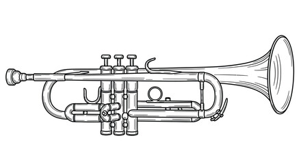 Detailed line drawing of a brass trumpet musical instrument on white background © MHB_STUDIO