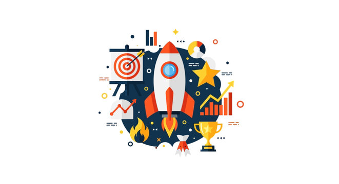 Business Startup Launch Illustration with Rocket Ship, Financial Growth Charts, Achievement Symbols, and Success Icons on White Background