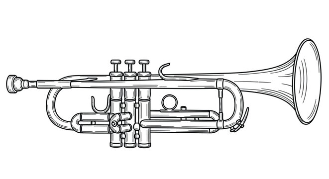Detailed line drawing of a brass trumpet musical instrument on white background