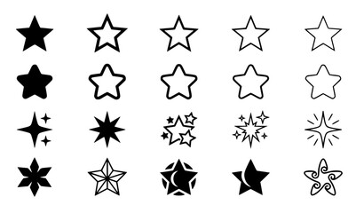 Fototapeta premium Black White Star Icons Mixed Style Silhouette Outline Vector