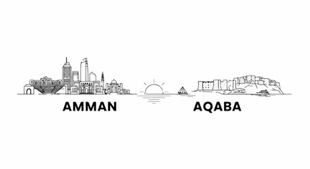 Fototapeta premium Sketchy skyline of Amman and Aqaba with a sailboat at sunset