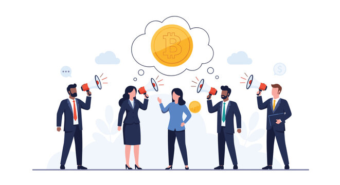 Diverse group of business professionals using megaphones to spread news or hype about a giant bitcoin thought bubble.