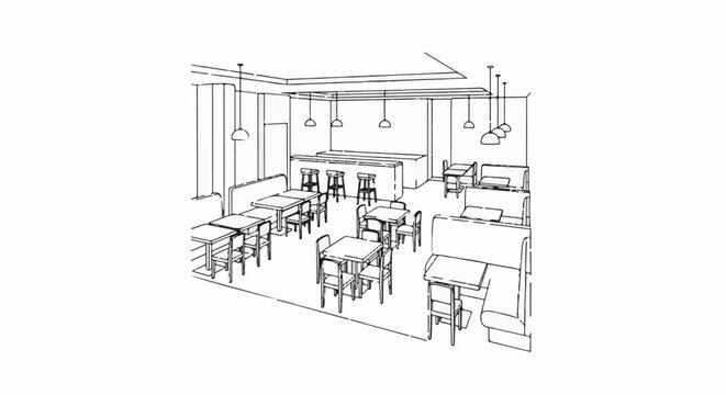 Sketch of a diner interior with booths, tables, chairs, and a bar