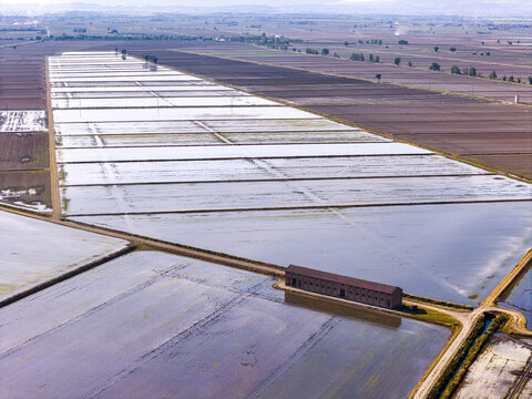 Aerial view of Tenuta Colombara and flooded rice fields arranged in a geometric grid pattern under a soft light in Livorno Ferraris, Piemonte, Italy.