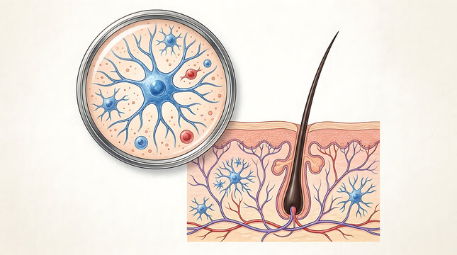 Anatomy of human skin showing a hair follicle and sensory nerve endings with a magnifying glass zoom on a neuron cell