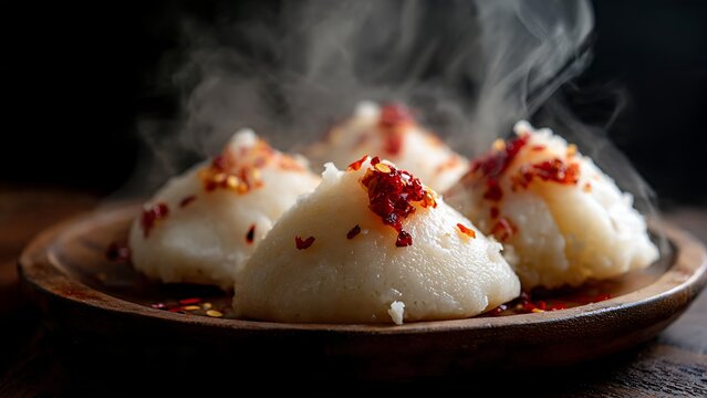 Close up of steaming pointed rice cakes topped with red chili flakes on wooden platter in dark room.