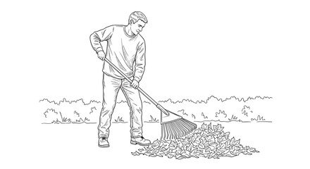Fototapeta premium Man Raking Leaves Autumn Yard Cleanup
