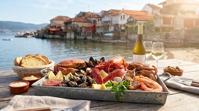 Combarro in Galicia Featuring Traditional Espigueiros and Stone Houses, with a Table Full of Premium Seafood Showcasing Authentic Coastal Gastronomy.