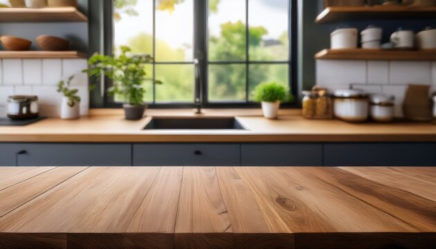 empty wooden table counter top with blurred kitchen background with a window product display background