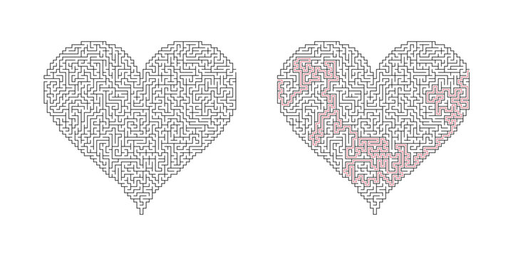 Heart shaped maze puzzle with solution.