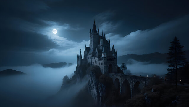 Mysterious Gothic Castle Shrouded in Fog Under a Full Moon.