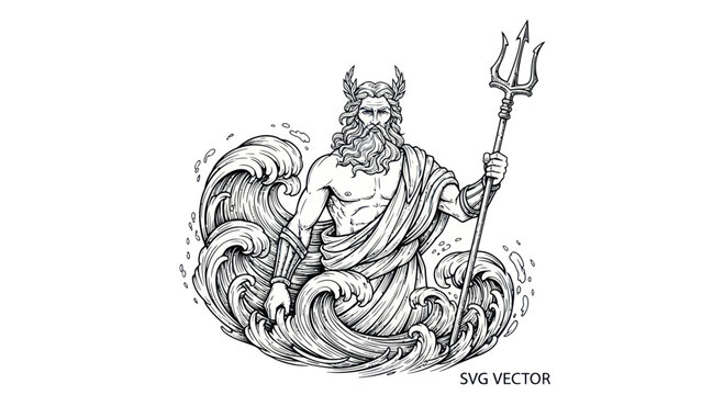 Ancient Greek God Poseidon, King of the Sea, Holding Trident Amidst Crashing Waves