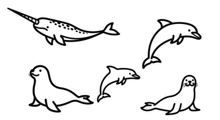 Cute Cartoon Marine Animals Collection: Narwhal, Dolphins, Seals © Buku
