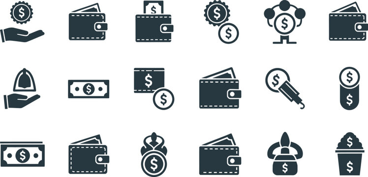 Financial icons set money wallets coins and payment methods