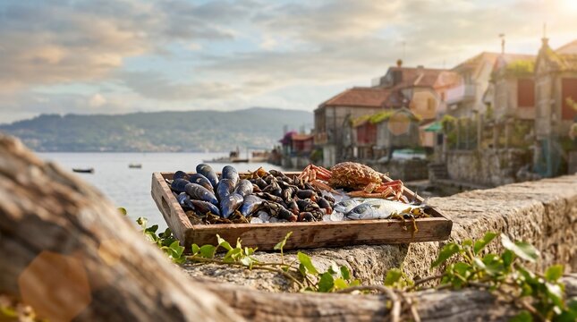 Combarro in Galicia Featuring Traditional Espigueiros and Stone Houses, with a Table Full of Premium Seafood Showcasing Authentic Coastal Gastronomy.