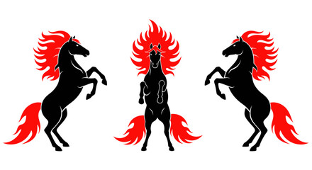 Three rearing black horses with fiery manes and tails on white background © daun