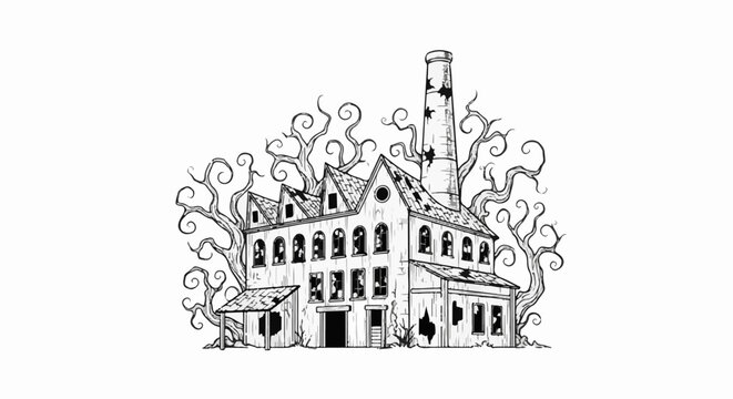 Spooky, dilapidated industrial building with twisted, barren trees
