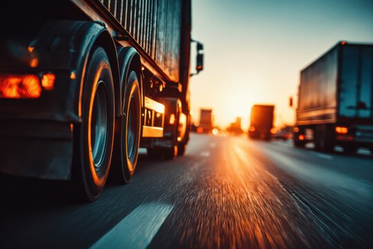 Close-Up of Truck Wheels on Highway at Sunset